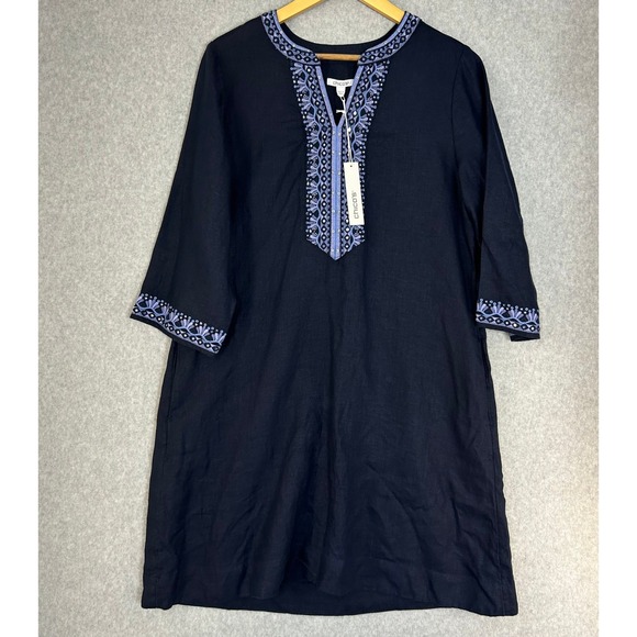 Chico's Dresses & Skirts - Chicos Linen Tunic Dress Navy Blue Beaded Embroidered 3/4 Sleeve Size 1 US 8 NWT